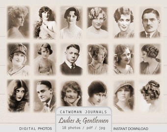 LADIES & GENTLEMEN Printable Photos Women Men People Faces Vintage Antique Portraits 1920s junk journal ephemera black and white sepia