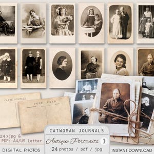 Large Antique Portraits Printable Photos People Women Men Children Family Vintage Postcard Junk journal Black and white Digital Download