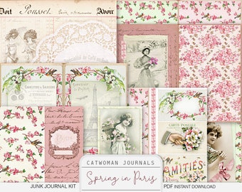 Spring in Paris Junk Journal Kit Printable pages pockets journaling cards French antique ephemera vintage style floral paper cherry blossoms