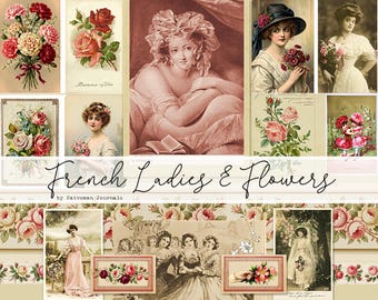 French Ladies & Flowers Ephemera Kit: Vintage Journal Collage Pages and Cards (Digital Download)
