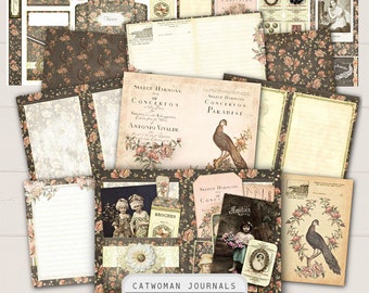 PARADISE Weathered Black Junk Journal Kit, Printable antique vintage floral papers, tags, ephemera, pockets, envelope, birds, neutral colors