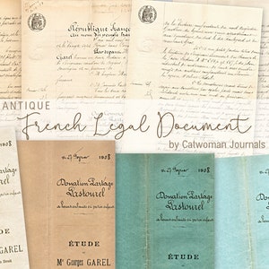 Capas e páginas de documentos legais franceses antigos Ato notarial Papéis antigos da França Papel para impressão Efêmera Doação Junk Journal Kit digital
