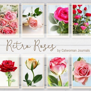 RETRO RÓŻE Kolorowe karty ze zdjęciami Vintage Vibes, etykiety na prezenty do dziennika, kwiatowe pocztówki z pozdrowieniami, cyfrowe pobieranie Junk Journal Flowers