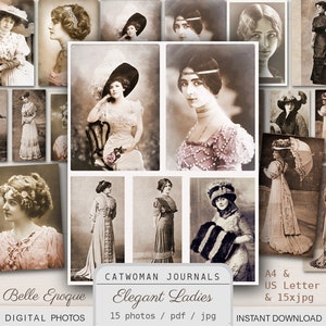 Pode incluir: Uma coleção de fotos digitais em tons sépia com mulheres em trajes elegantes da época da Belle Époque. As imagens mostram várias poses e estilos, com texto que diz "Catwoman Journals Elegant Ladies" e "Digital Photos".