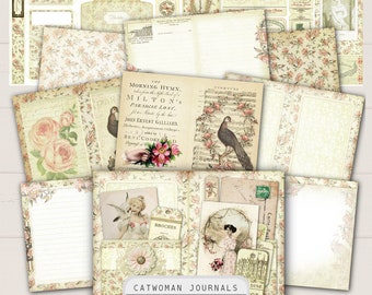 PARADISE Shabby White Junk Journal Kit, Printable antique vintage floral papers, tags, ephemera, pockets, envelope, birds, neutral colors