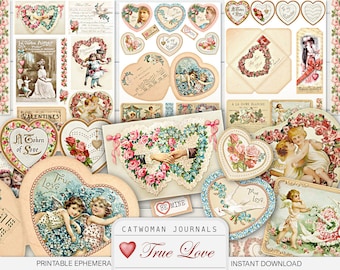 TRUE LOVE Printable Ephemera Fussy Cut Hearts Valentine's Day Antique Romantic Vintage Cupids Junk Journal Kit Instant Digital Download