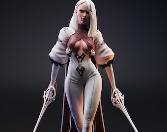 May include: A white female figure with long white hair wearing a white and brown outfit with a long white cape. She is holding two white swords with ornate handles.