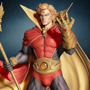 May include: A detailed illustration of a superhero figure, clad in a red and gold costume with a cape. The figure has blonde hair and is wearing a golden gauntlet adorned with colorful gems. The word "WARLOCK" is visible in the lower left corner.