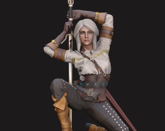 May include: A white-haired female figure in a white shirt, brown pants, and brown boots, holding a sword with a gold hilt. She is kneeling with her right arm raised above her head.