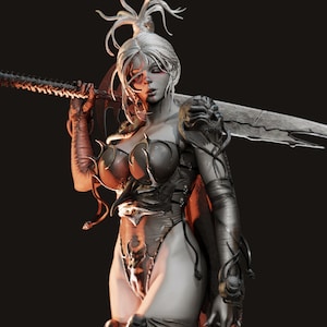 May include: A female figure in a black and silver armoured costume, holding a large, silver, bladed weapon with a skull-like design. The figure has white hair and a serious expression.