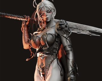 May include: A female figure in a black and silver armored costume, holding a large, silver, bladed weapon with a skull-like design. The figure has white hair and a serious expression.