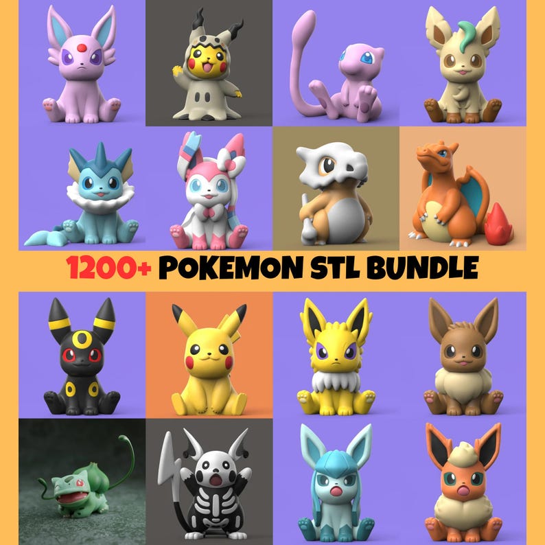 Puede incluir: Una colecci&oacute;n de figuras Pok&eacute;mon impresas en 3D, coloridas, incluyendo a Pikachu y Eevee, dispuestas en un patr&oacute;n de cuadr&iacute;cula. El texto "1200+ POKEMON STL BUNDLE" se muestra en naranja.