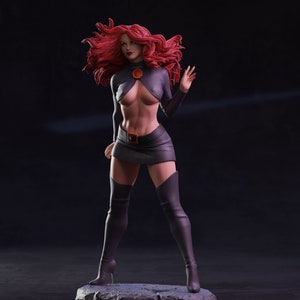 May include: A red-haired female figurine wearing a black, short-sleeved, low-cut top with a gold belt and black thigh-high boots. The figurine is standing on a gray rock base.