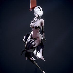 May include: A white and black figure with a long, flowing tail. The figure has a human-like torso and a fish-like tail. The figure is posed in a graceful, flowing pose.