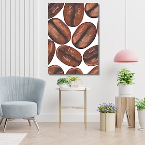 Puede incluir: Un fondo blanco con un patrón de granos de café marrones. Cada grano tiene las palabras "love coffee" escritas en él.