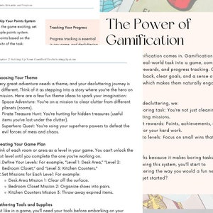 May include: A book page with the title "The Power of Gamification" and bullet points on setting up a points system, choosing a theme, and creating a game plan for decluttering. The page has a light beige background.
