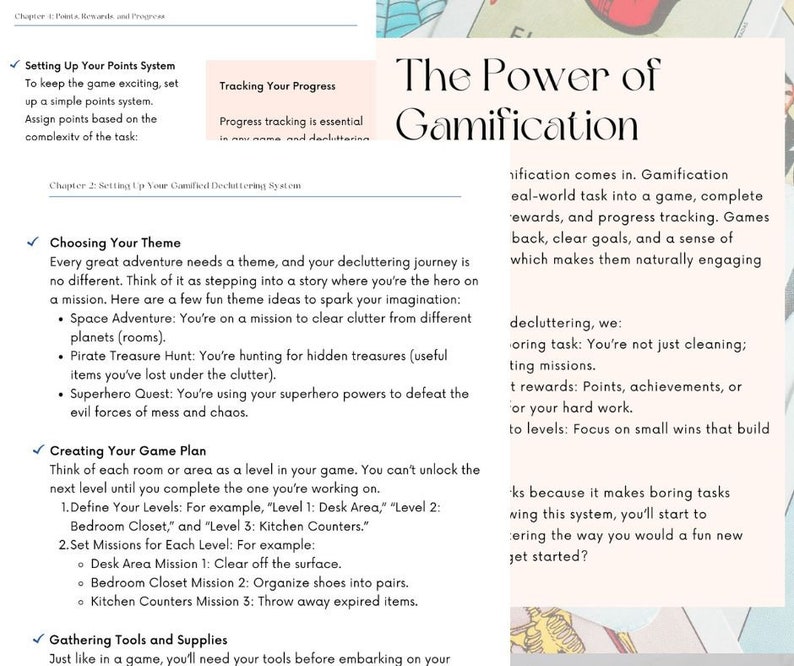 May include: A book page with the title "The Power of Gamification" and bullet points on setting up a points system, choosing a theme, and creating a game plan for decluttering. The page has a light beige background.