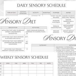 May include: A printable daily and weekly sensory schedule for children. The schedule includes a list of sensory activities and a blank grid to plan out activities for each day of the week.