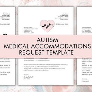Pode incluir: Modelo de pedido de acomodações médicas para autismo. O design apresenta um coração rosa com um gráfico de batimento cardíaco e o texto "AUTISM MEDICAL ACCOMMODATIONS REQUEST TEMPLATE" em negrito preto. O modelo inclui espaço para informações do destinatário e do remetente.