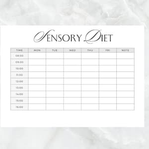 May include: A printable sensory diet schedule with a black and white design. The schedule includes a column for time, days of the week, and notes.