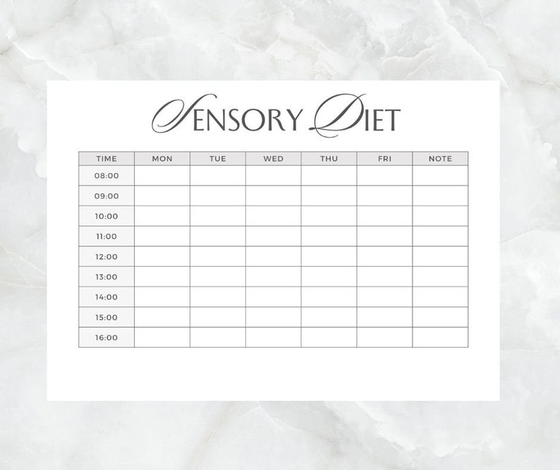 May include: A printable sensory diet schedule with a black and white design. The schedule includes a column for time, days of the week, and notes.