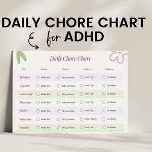 May include: A daily chore chart for ADHD, with a pastel colour scheme. The chart lists daily tasks such as making the bed, picking up the home, feeding pets, and doing dishes. The chart is designed to help with organisation and task management.