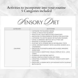 May include: A chart titled "Sensory Diet" with the category "Calming" and a list of activities to incorporate into a daily routine. The activities include listening to calming music, using a weighted blanket, practicing deep breathing exercises, engaging in progressive muscle relaxation, listening to white noise or nature sounds, using a sensory bottle or glitter jar, reading a favorite book, playing with stress balls or squishy toys, using aromatherapy with calming scents, engaging in mindfulness or guided imagery exercises, watching a soothing visual display, humming or singing softly, doing gentle stretching or yoga, creating a sensory-friendly space with soft lighting, and enjoying a warm bath or shower with calming bath salts.