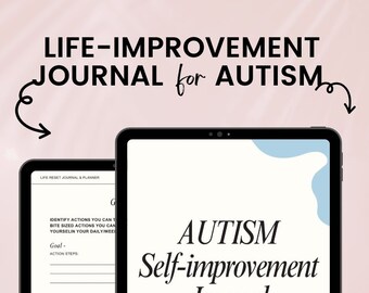 May include: A digital tablet displaying a self-improvement journal for people with autism. The journal has a blue and white design and the text "AUTISM Self-improvement Journal" is displayed on the screen.