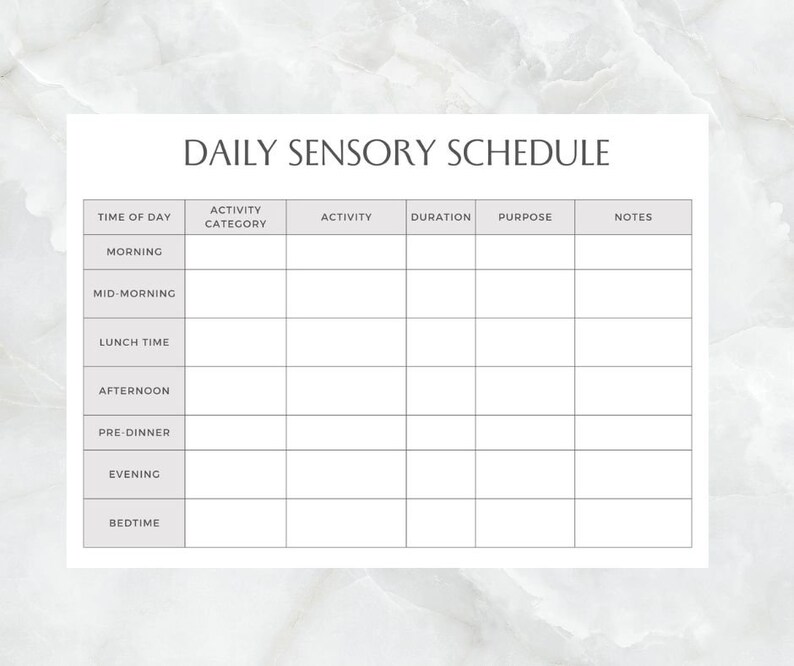 May include: A printable daily sensory schedule with columns for time of day, activity category, activity, duration, purpose, and notes.