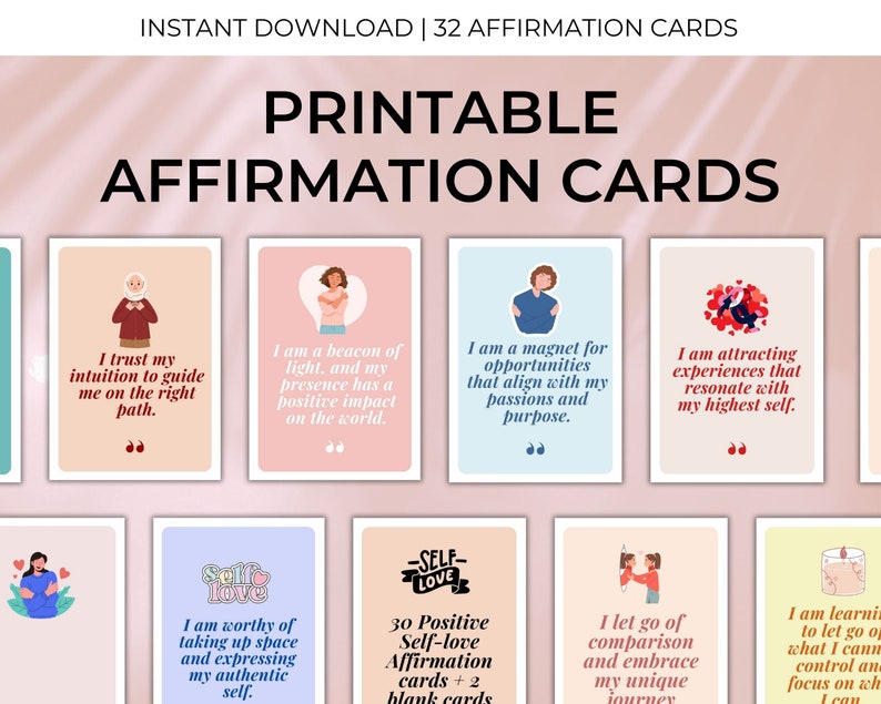 Positive selfcare healing affirmation cards, CBT therapy anxiety deck, self-love confidence colorful printable, digital quotes mindfulness