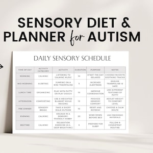 Könnte beinhalten: Ein schwarz-weißer druckbarer Tagesplaner für sensorische Ernährung bei Autismus. Der Planer enthält eine Tabelle mit Spalten für Tageszeit, Aktivitätskategorie, Aktivität, Dauer, Zweck und Notizen. Die Tabelle listet Aktivitäten wie das Hören von beruhigender Musik, das Springen auf einem Minitrampolin, das Spielen mit Knete, das Verwenden einer beschwerten Decke beim Lesen, das Gehen im Freien, das Ausüben eines sensorischen Hobbys und Entspannungsübungen auf.