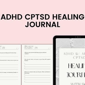 Puede incluir: Una portada de diario digital con un fondo blanco texturizado. El texto "ADHD & AUTISM CPTSD HEALING JOURNAL WITH 90" se muestra en negro.