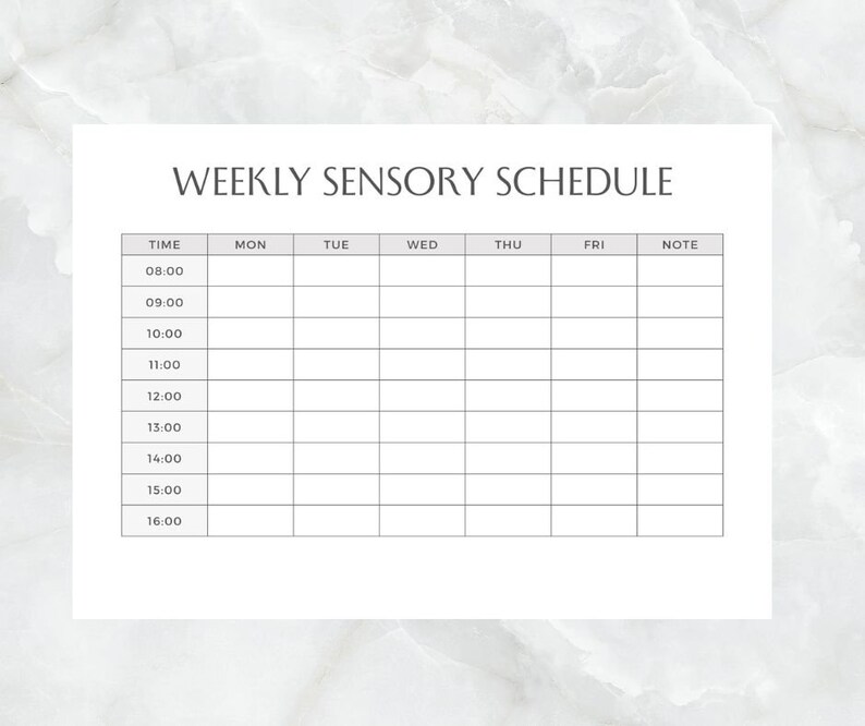 May include: A printable weekly sensory schedule planner with a column for time, days of the week, and notes.