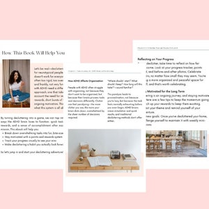 May include: A book spread with text and images, including a photo of a woman and a desk with papers. The book's title is "How This Book Will Help You." The text discusses decluttering strategies for people with ADHD.