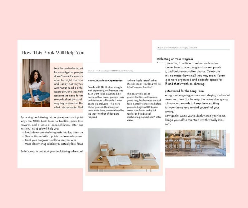 May include: A book spread with text and images, including a photo of a woman and a desk with papers. The book's title is "How This Book Will Help You." The text discusses decluttering strategies for people with ADHD.