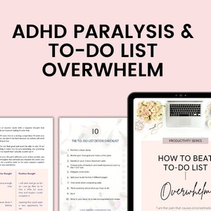 Puede incluir: Una guía de productividad digital titulada "Cómo vencer la sobrecarga de la lista de tareas" con una lista de verificación de 10 pasos para ayudar a administrar y superar la sobrecarga. La guía es parte de una serie de productividad e incluye un fondo rosa con una computadora portátil, gafas y flores.