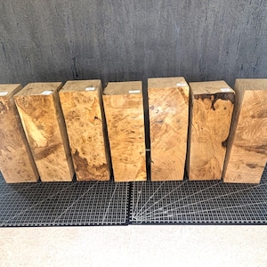 May include: Seven rectangular blocks of light brown wood with unique grain patterns are arranged in a row. The wood blocks have a natural, unfinished appearance, showcasing the wood's texture and color variations. Each block has a label on top.