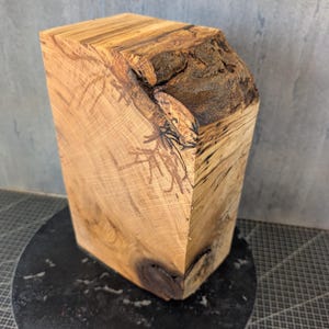 Könnte beinhalten: Ein rechteckiger Block aus hellbraunem Holz mit einer markanten natürlichen Baumkante an der oberen rechten Ecke. Das Holz zeigt eine detaillierte Maserung mit dunkelbraunen Streifen, Ästen und komplexen Verzweigungsmustern auf der Oberfläche.