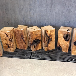 Könnte beinhalten: Sechs rechteckige Holzblöcke in einer Reihe, die jeweils ausgeprägte natürliche Maserungen, hellbraune Holztöne sowie dunkelbraune Astlöcher oder organische Risse auf den Oberflächen der massiven Holzstücke aufweisen.