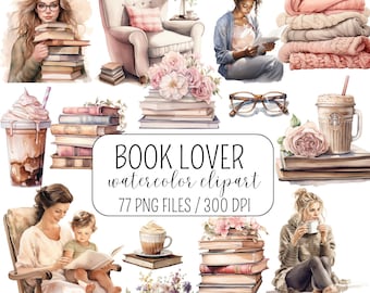 Boek minnaar clipart, aquarel boek stapels clipart, bloem PNG graphics, moeder clipart, koffie kopje kunst, boekenwurm PNG, commercieel gebruik, roze