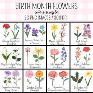 Ensemble de clipart fleurs mois de naissance, fleurs mignonnes et simples, fleurs d'anniversaire mensuelles pour cadeaux personnalisés, usage commercial, téléchargement immédiat