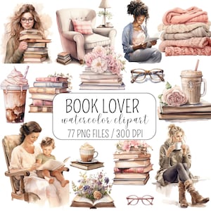 Boek minnaar clipart, aquarel boek stapels clipart, bloem PNG graphics, moeder clipart, koffie kopje kunst, boekenwurm PNG, commercieel gebruik, roze