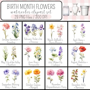 Geburtsmonat Blumen Clipart, Geburtsblumenstrauß für personalisierte Geschenke, Blumenvasen, Aquarellblumen, Blumen PNG Clipart