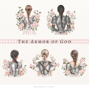 Op de afbeelding: Waterverfillustratie met vijf figuren, elk met een ander kapsel, die zilveren harnassen dragen en omringd zijn door roze rozen. De tekst "THE ARMOR OF GOD" wordt weergegeven op een roze banner. Het kunstwerk heeft een zachte, vrouwelijke esthetiek.