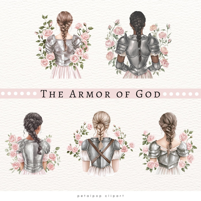 Op de afbeelding: Waterverfillustratie met vijf figuren, elk met een ander kapsel, die zilveren harnassen dragen en omringd zijn door roze rozen. De tekst "THE ARMOR OF GOD" wordt weergegeven op een roze banner. Het kunstwerk heeft een zachte, vrouwelijke esthetiek.