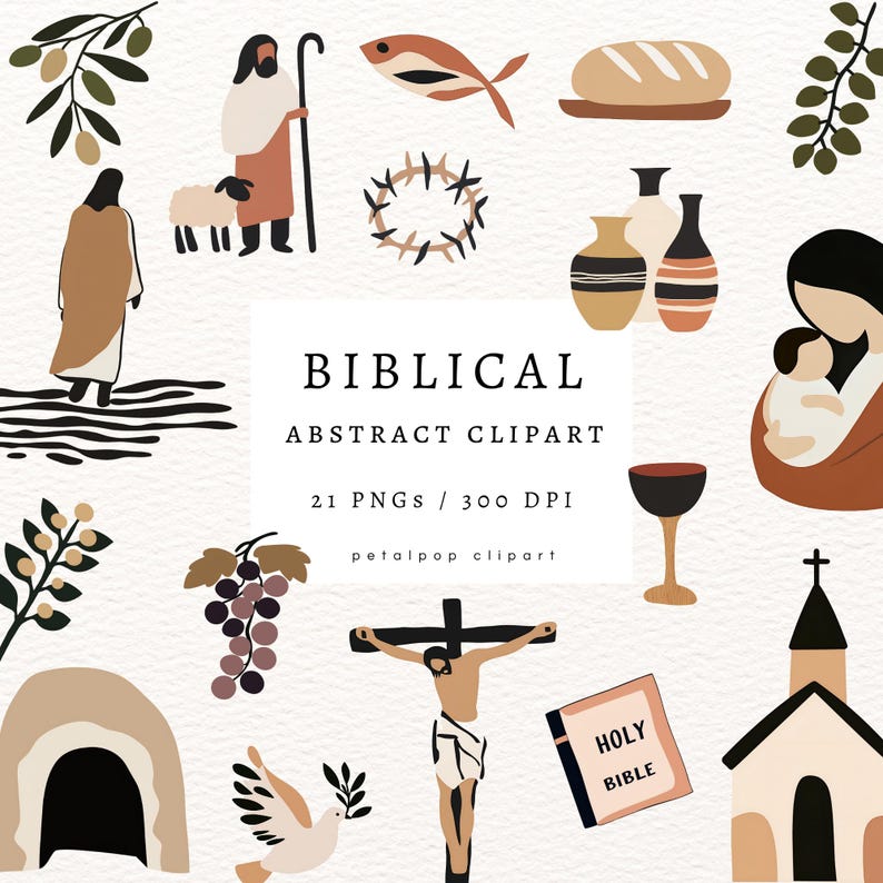 May include: A set of 21 digital illustrations depicting biblical scenes and symbols in an abstract style. The illustrations are in a warm color palette of browns, oranges, and yellows. The set includes images of a shepherd, a lamb, a fish, a loaf of bread, a crown of thorns, a chalice of wine, a dove, a cross, a church, a bible, grapes, and more.
