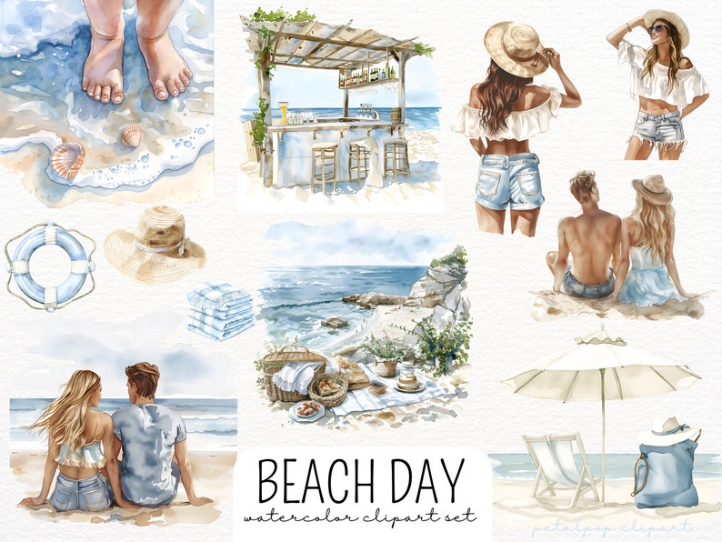 Puede incluir: Conjunto de clipart de acuarela con tem&aacute;tica de playa. El conjunto incluye im&aacute;genes de personas, un bar de playa, un salvavidas, una manta de picnic, una sombrilla de playa y una bolsa de playa. Las im&aacute;genes est&aacute;n pintadas en una gama de colores azul claro y blanco.