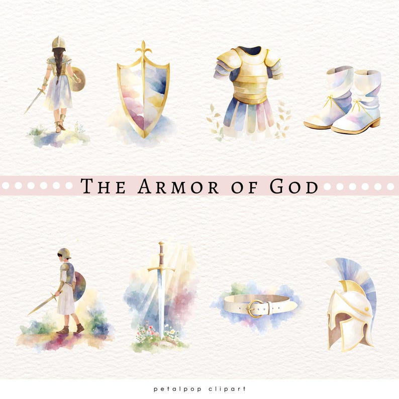 May include: Watercolor illustration of "The Armor of God" featuring a warrior, shield, breastplate, boots, belt, helmet, and sword. The artwork has a soft, pastel color palette with a light background. The text "The Armor of God" is displayed in the center.