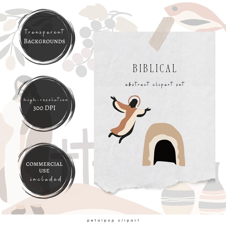 May include: Abstract clipart set of a person rising from a tomb, with the text "BIBLICAL abstract clipart set".