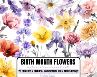 Birth Month Flowers Clipart, Watercolor Flowers, Personalized Gift Bouquet, Floral PNG Clipart, Birth Flower Art, Monthly Birthday Flowers